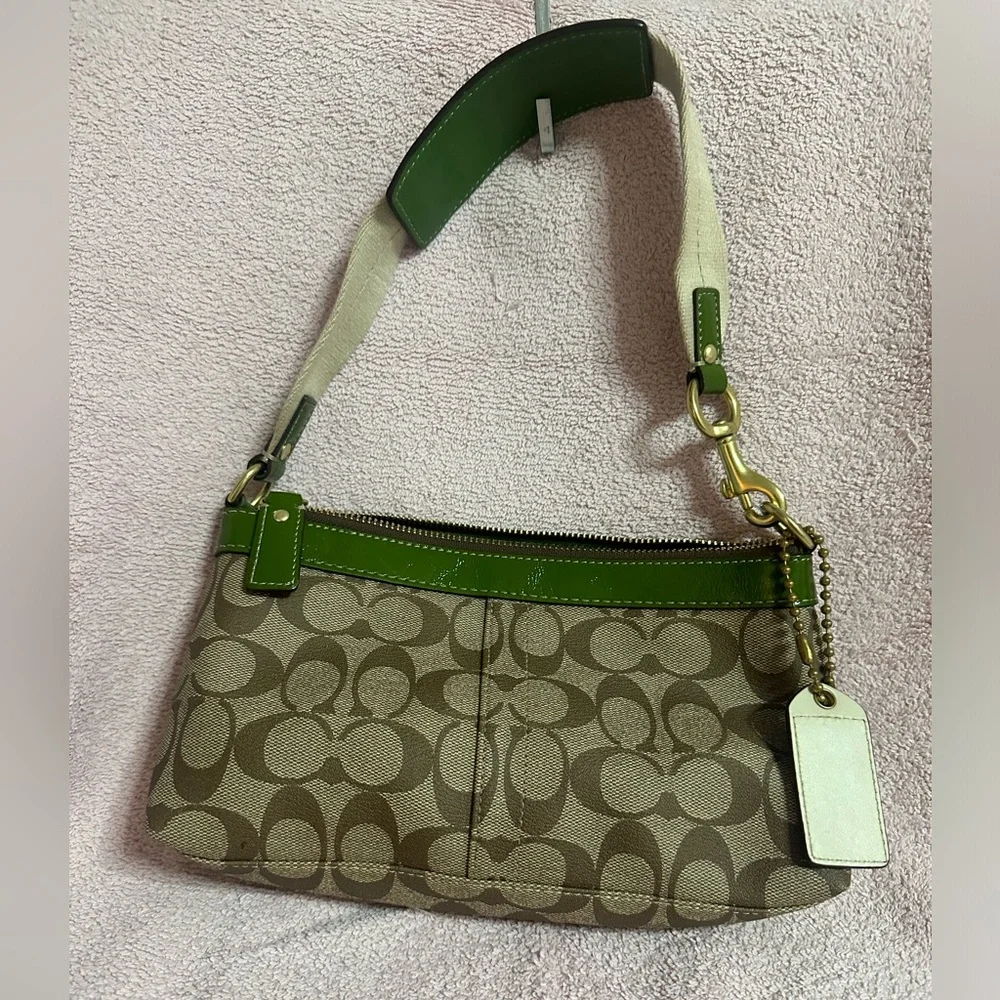 Coach Signature Canvas Shoulder Bag with Green Trim - Picture 4 of 5